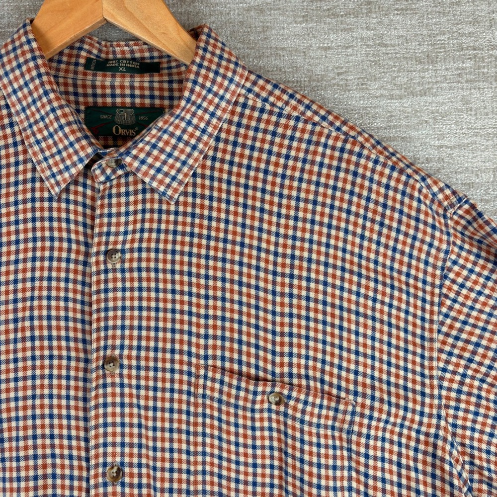 Vintage 90s Orvis Gingham Check Shirt Men XL Orange Blue Cotton Outdoorsy Rugged